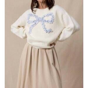 NEW WISHLIST plaid bow brushed sweater in cream
